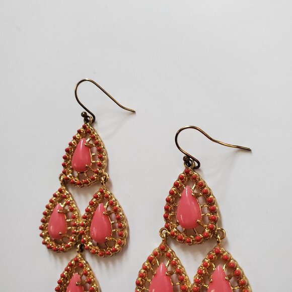 Resin Teardrop Chandelier Earrings Candy Pink & Gold Tone Rhinestones Dangly - Picture 6 of 6